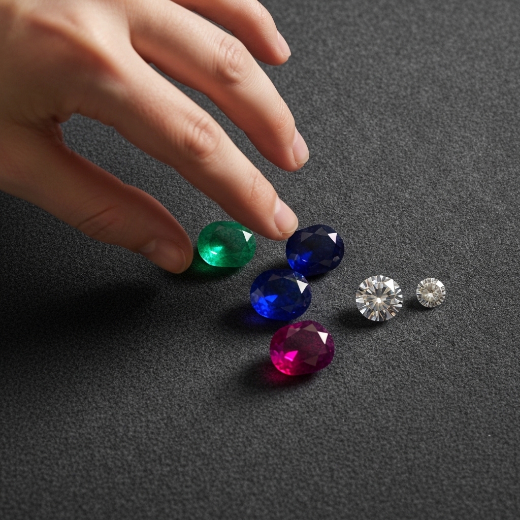 Main choisissant parmi un assortiment de pierres précieuses colorées pour un bijou élégant.