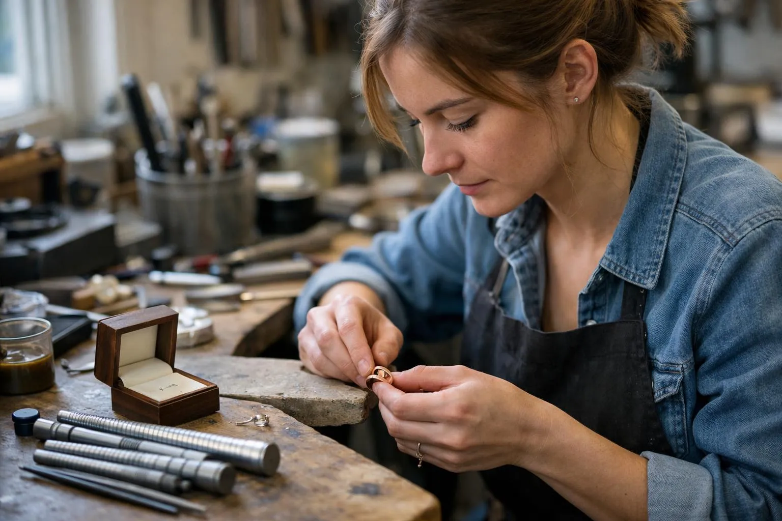 "Femme créant des alliances personnalisées en or rose dans un atelier"