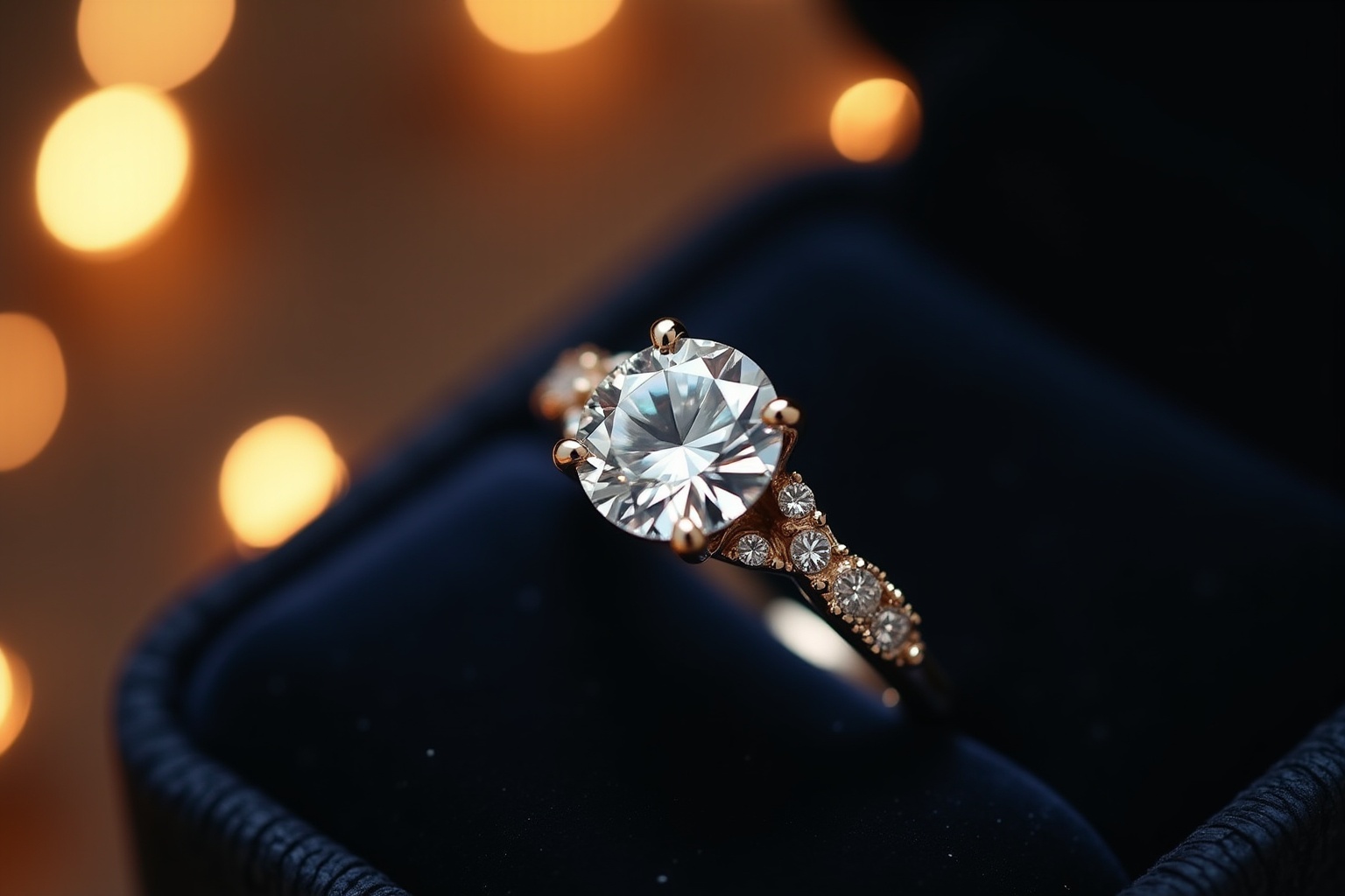 Bague solitaire en diamant sur écrin de velours noir, détail de joaillerie de luxe.