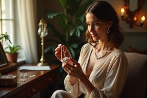 Une femme élégante examine un bijou intemporel, un collier de perles, dans un cadre rustique chic.