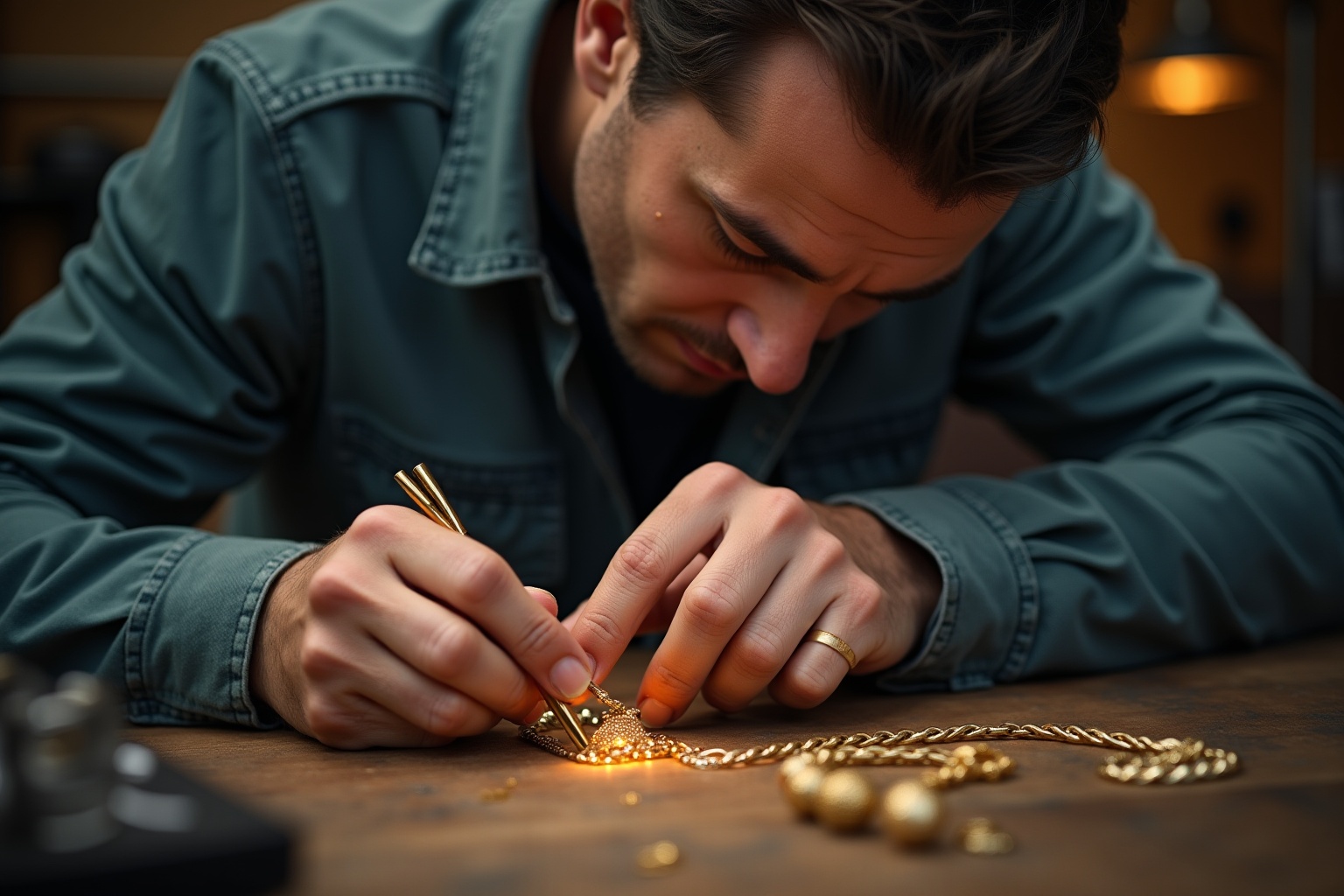 "Un artisan joaillier français crée une bague en or avec précision, illustrant le savoir-faire de la joaillerie française tra