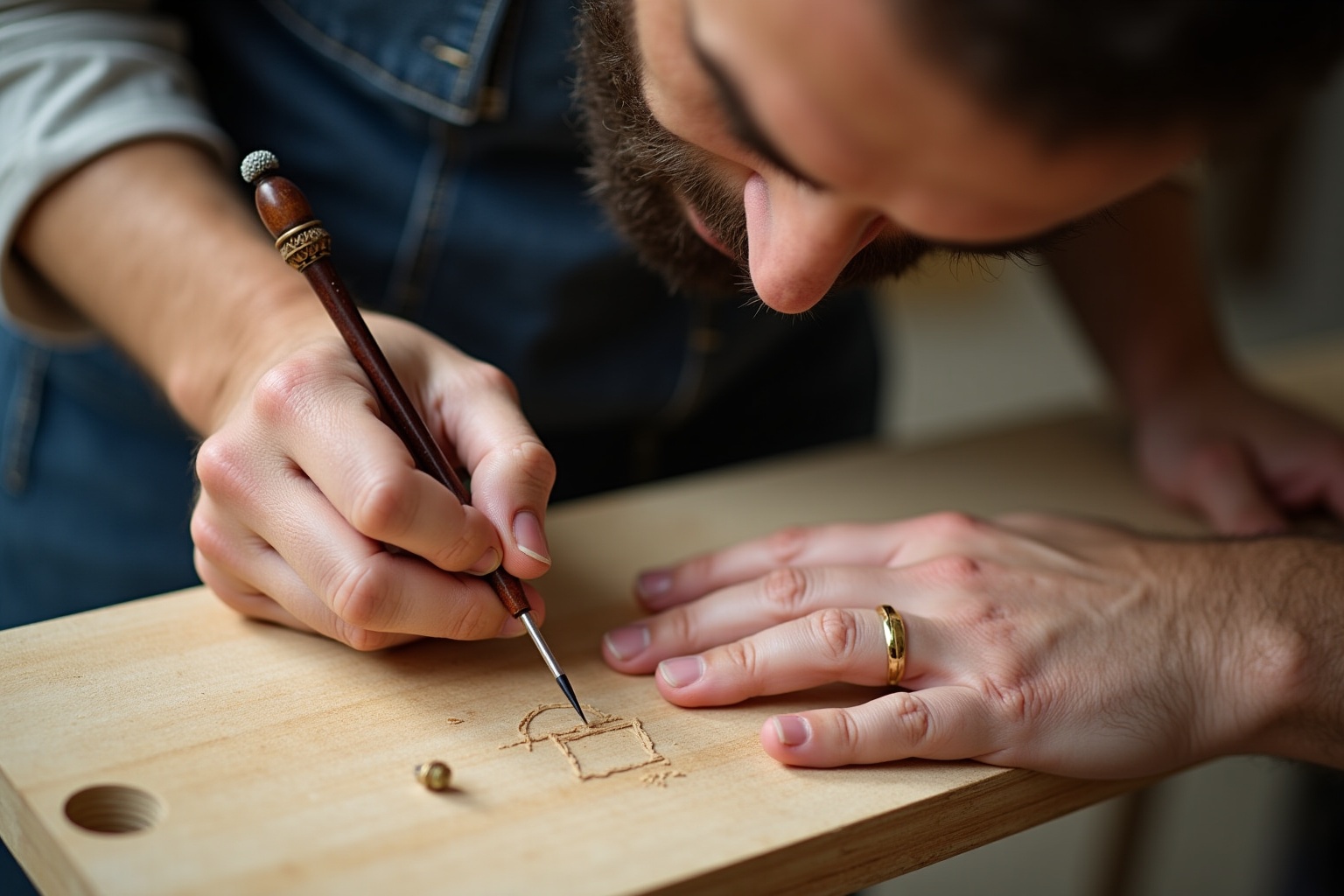 Homme concentré gravant un motif sur une planche de bois.