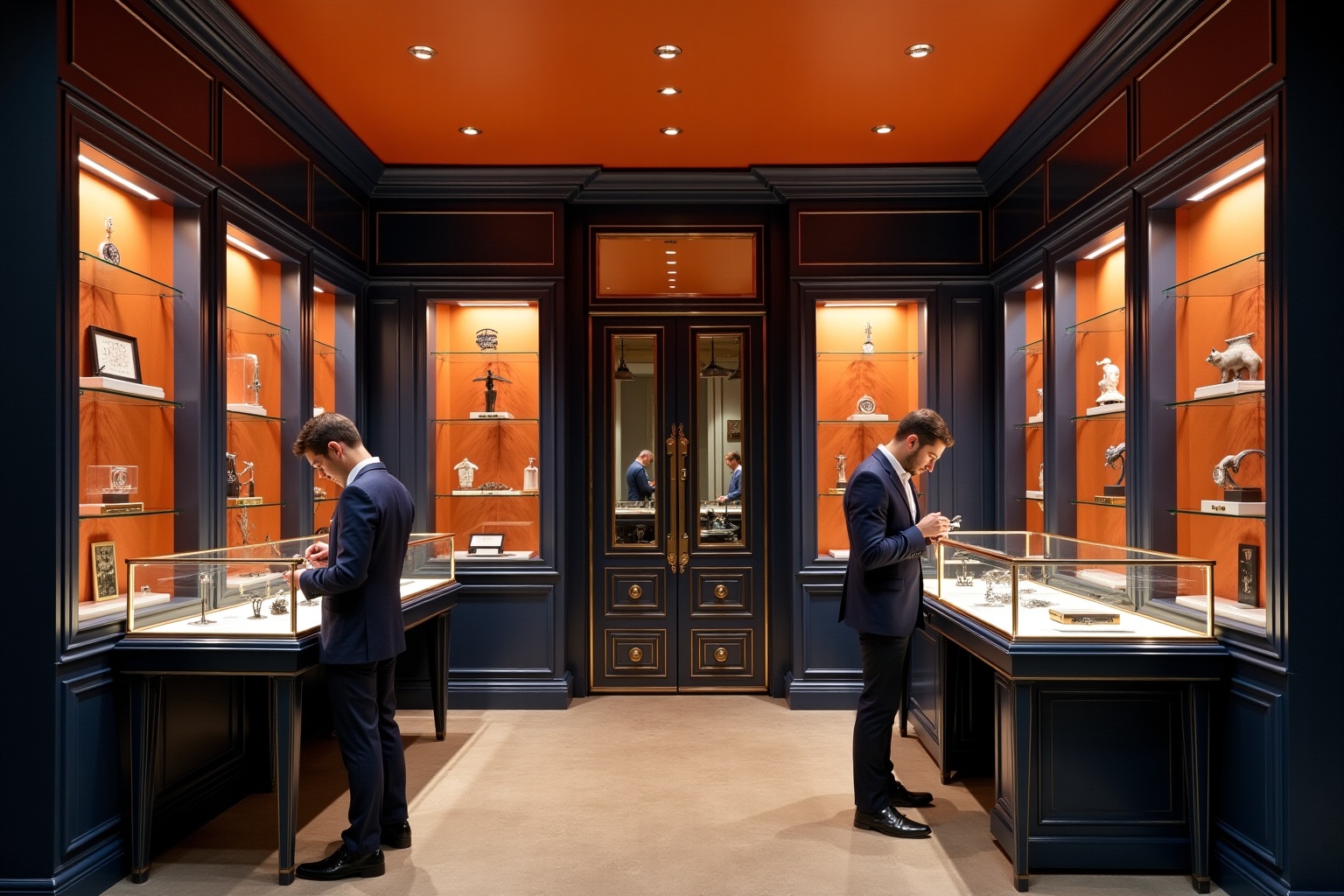 Élégante salle d'exposition de bijoux et d'horlogerie de luxe.