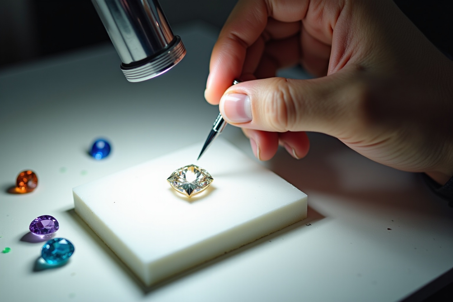Diamant brillant sur un support blanc, entouré de pierres précieuses colorées.
