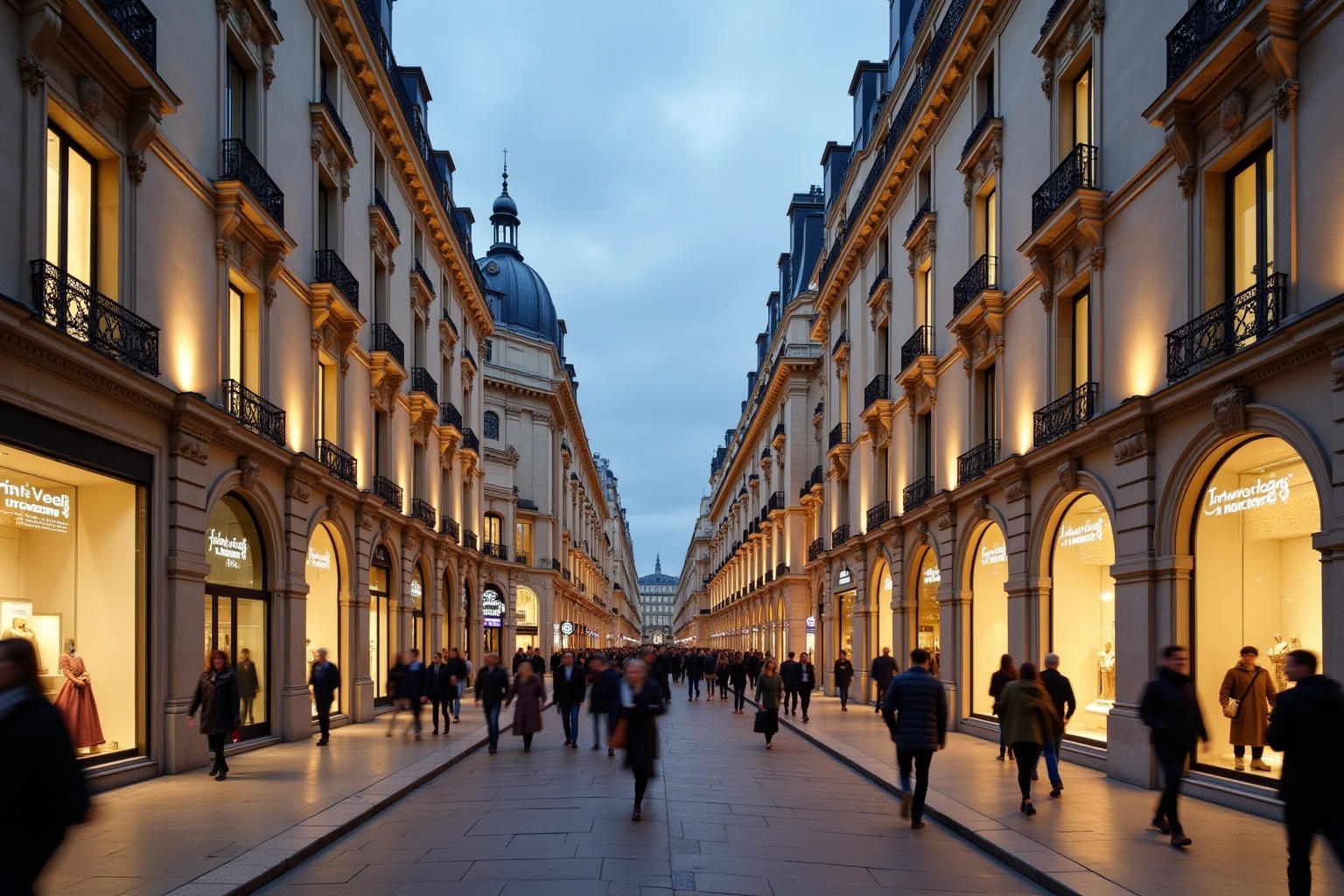 Rue commerçante animée de Paris, avec des bâtiments historiques illuminés.
