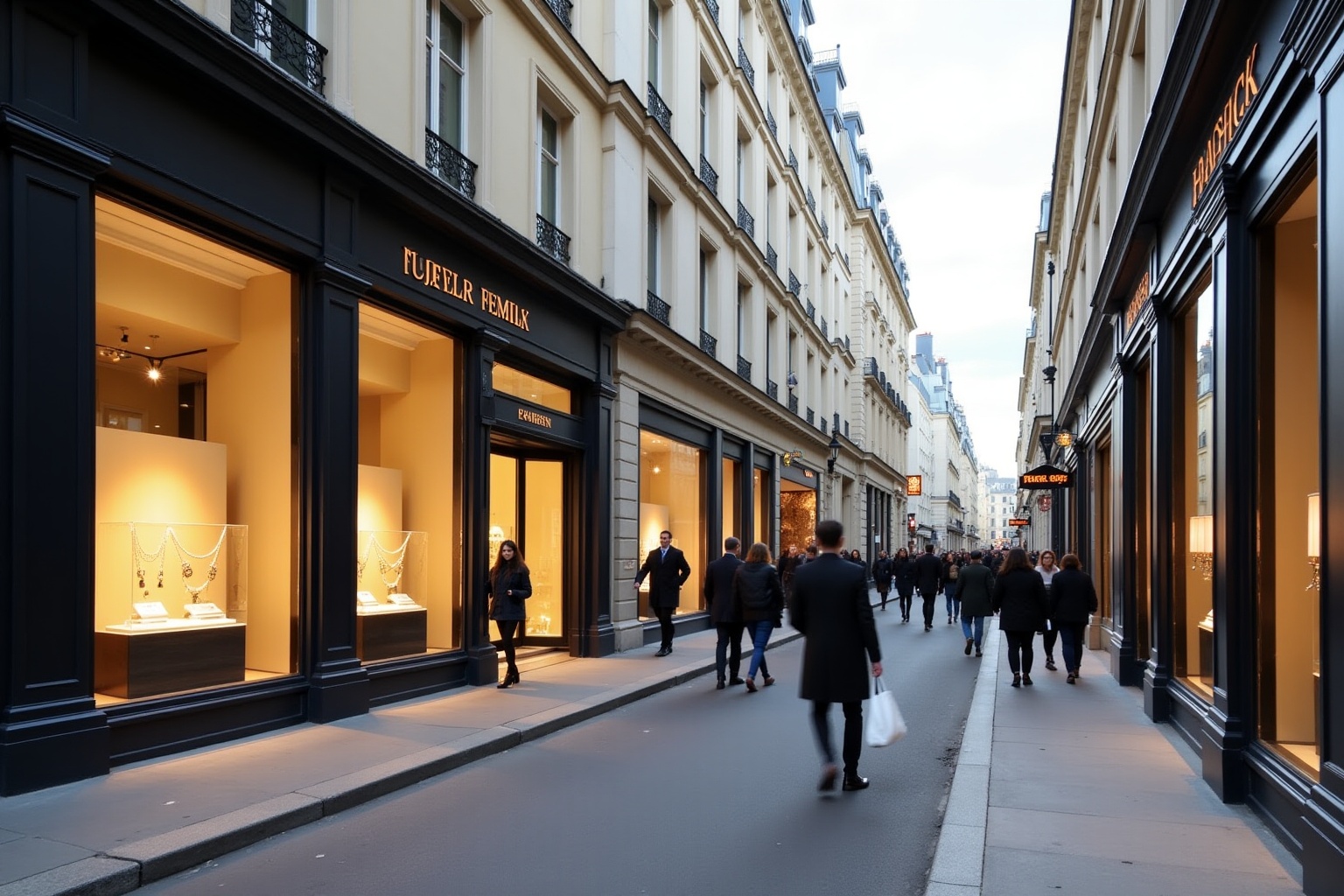 Rue commerçante animée avec boutiques de luxe à Paris.