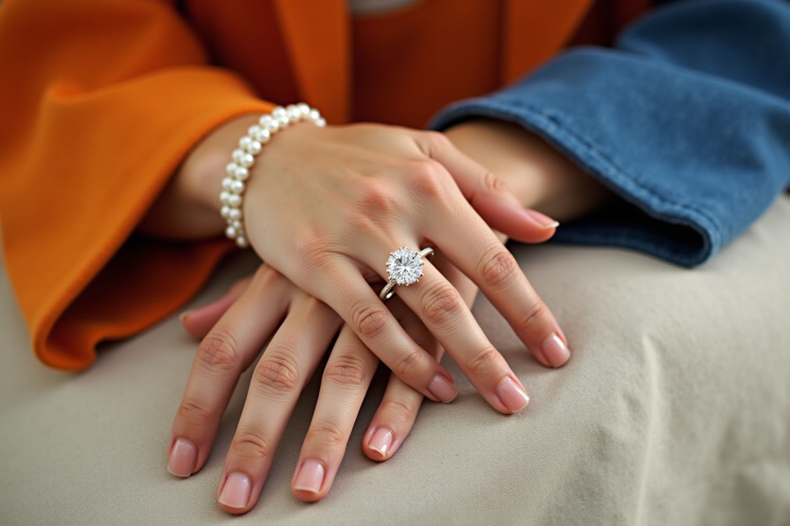 Mains avec bracelet de perles et bague de fiançailles en diamant.