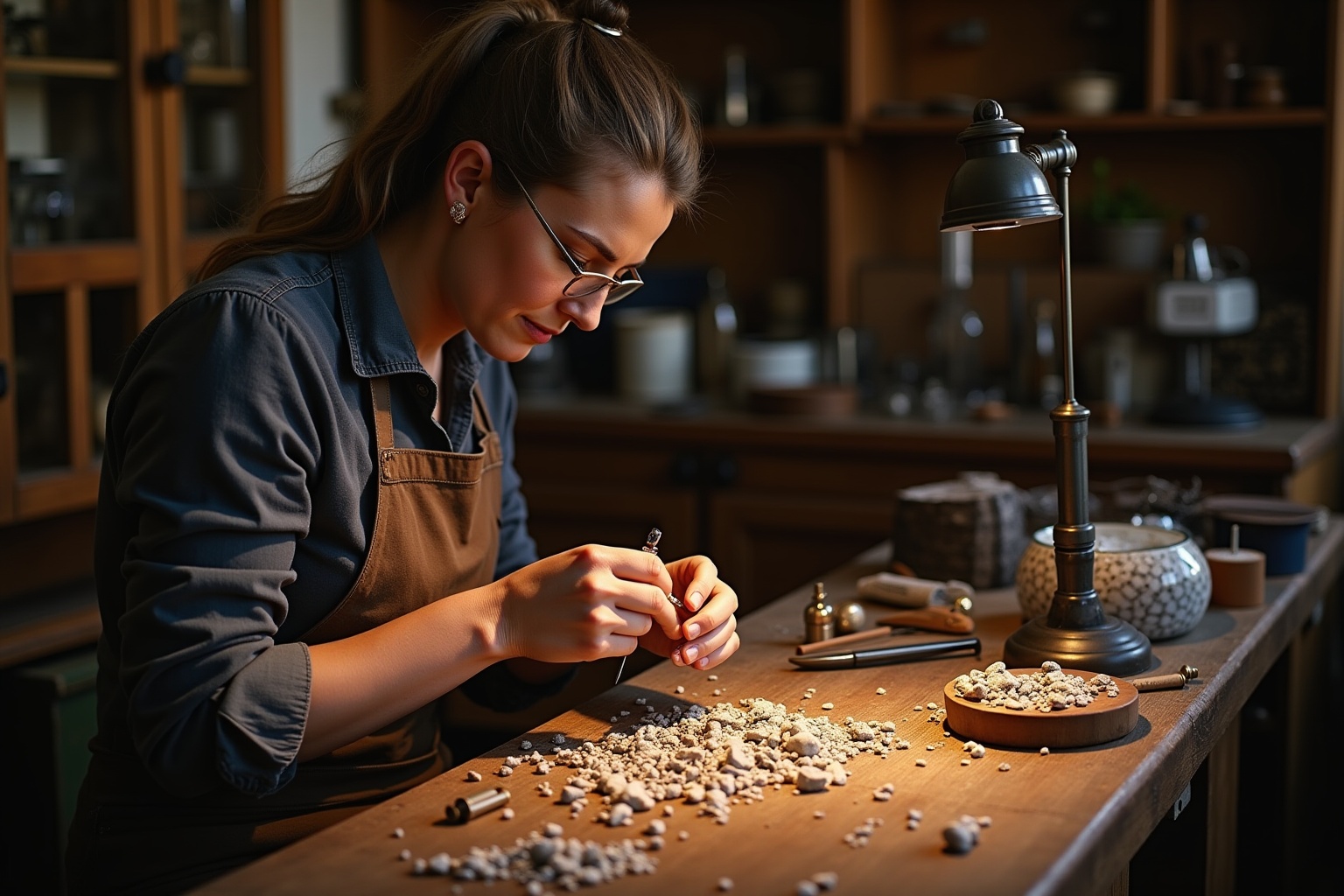 Femme travaillant sur un établi avec des pierres précieuses.