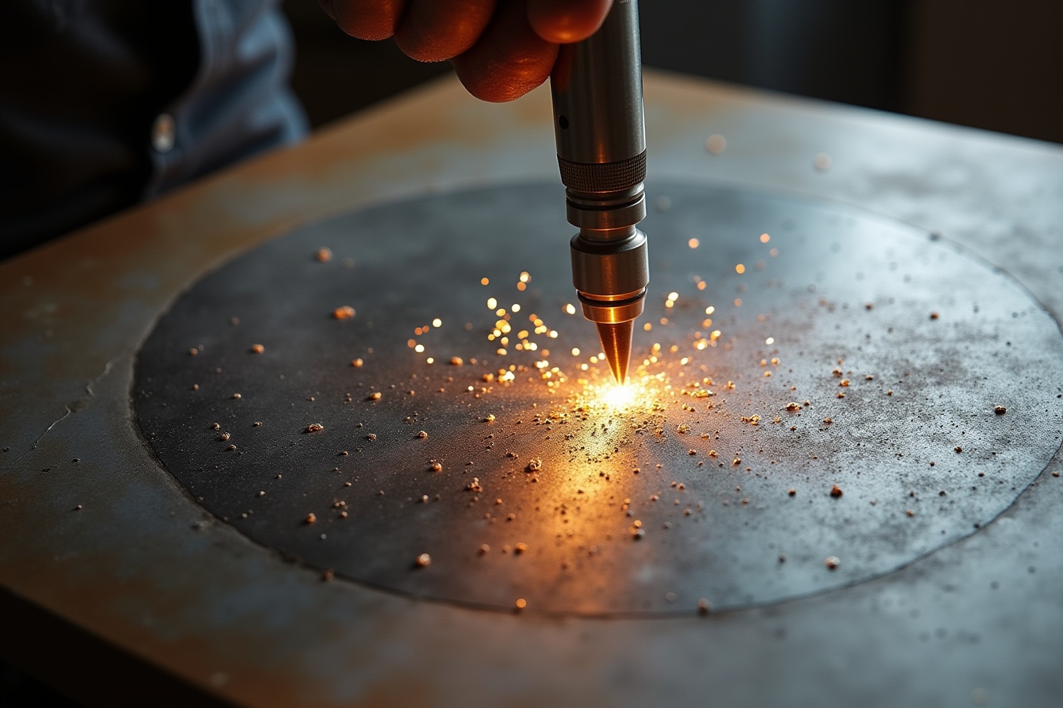 Outil de découpe laser perçant un métal avec des étincelles.