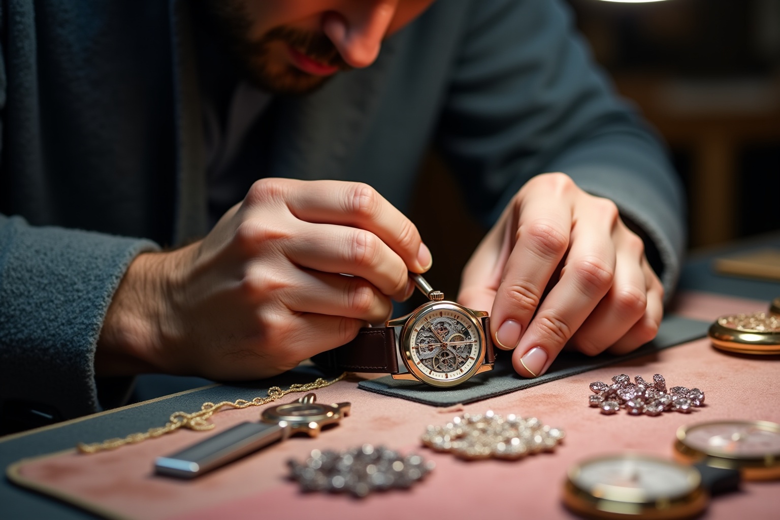 Gros plan sur les mains d'un homme réparant une montre de luxe.