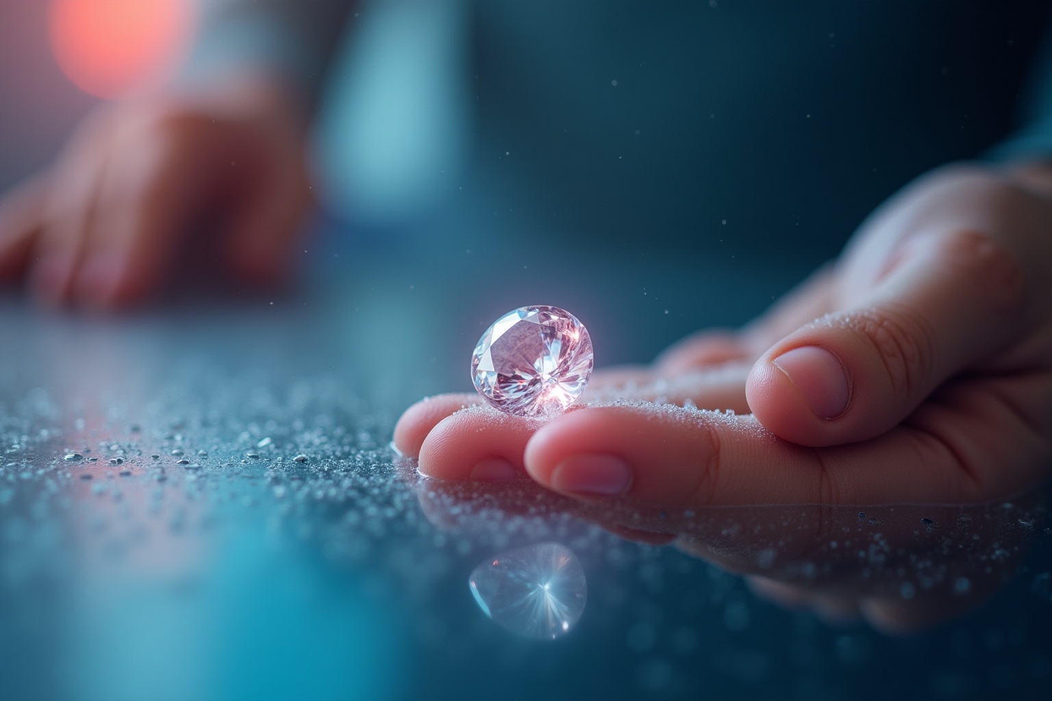 Diamant brillant tenu dans une main délicate sur un fond flou.