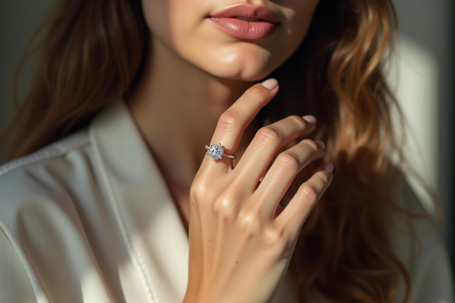 Gros plan sur une bague de fiançailles en diamant sur la main d'une femme.