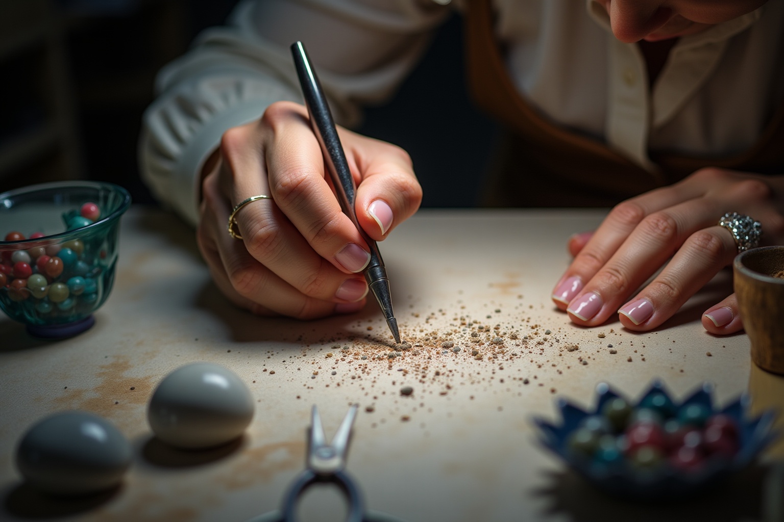 Mains féminines travaillant sur un projet artisanal avec des outils et des perles colorées.