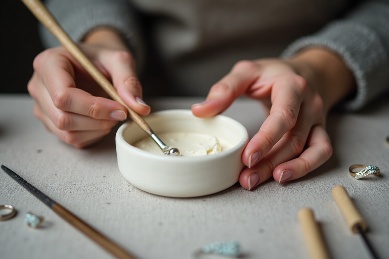 Mains manipulant un bol de crème avec des ustensiles de cuisine.