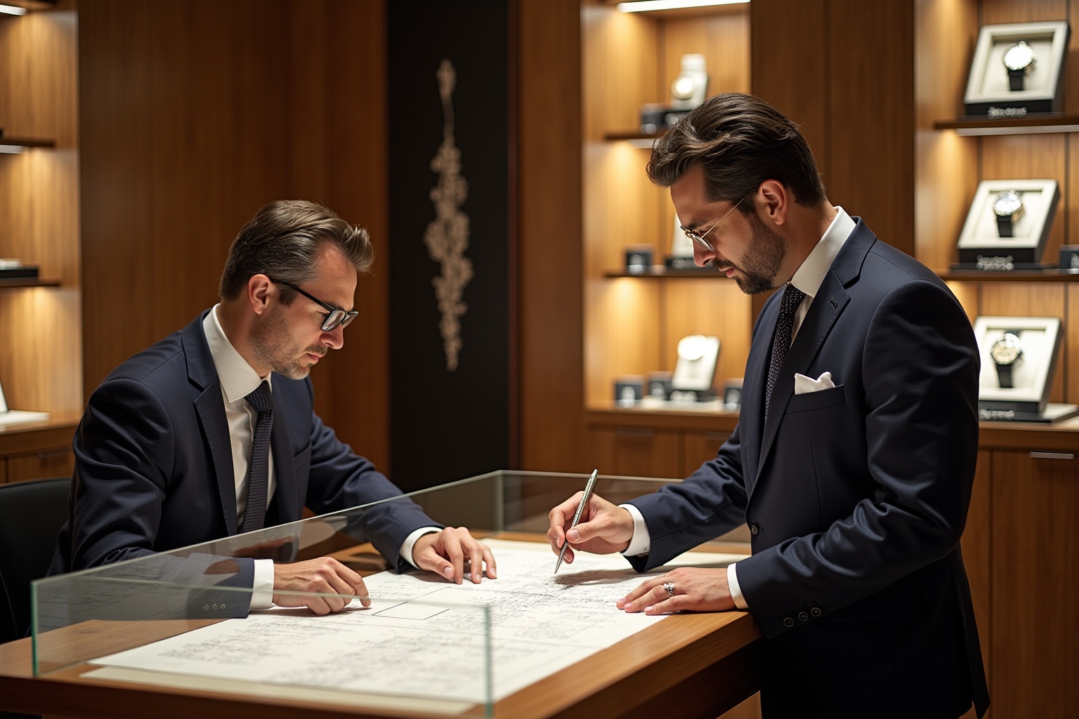 Deux hommes d'affaires signant un contrat dans un bureau élégant.