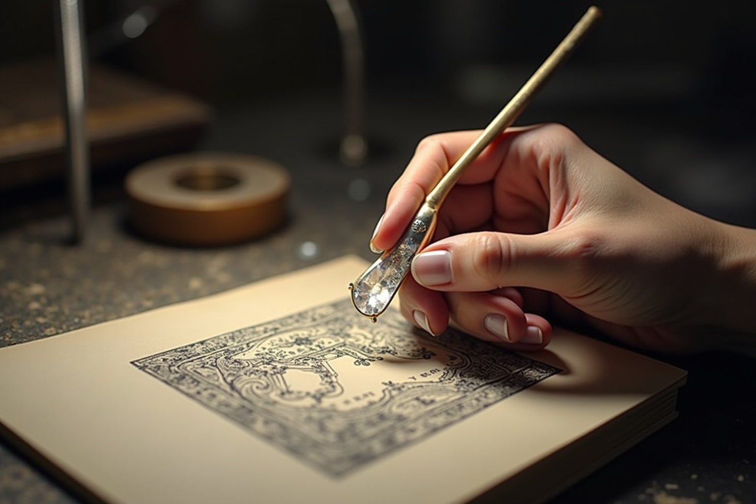 Mains dessinant un motif complexe sur un papier avec un stylo doré.