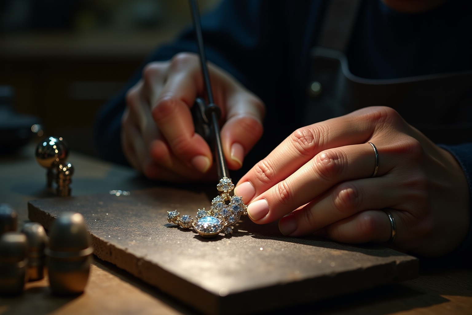 Joaillier travaillant sur un bijou orné de diamants.