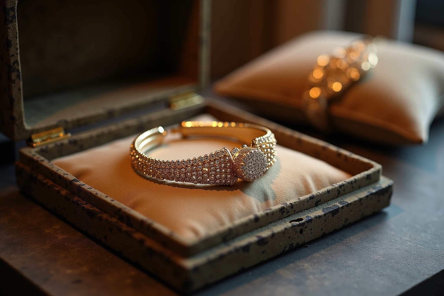 Bracelet en or orné de diamants dans un écrin en bois.