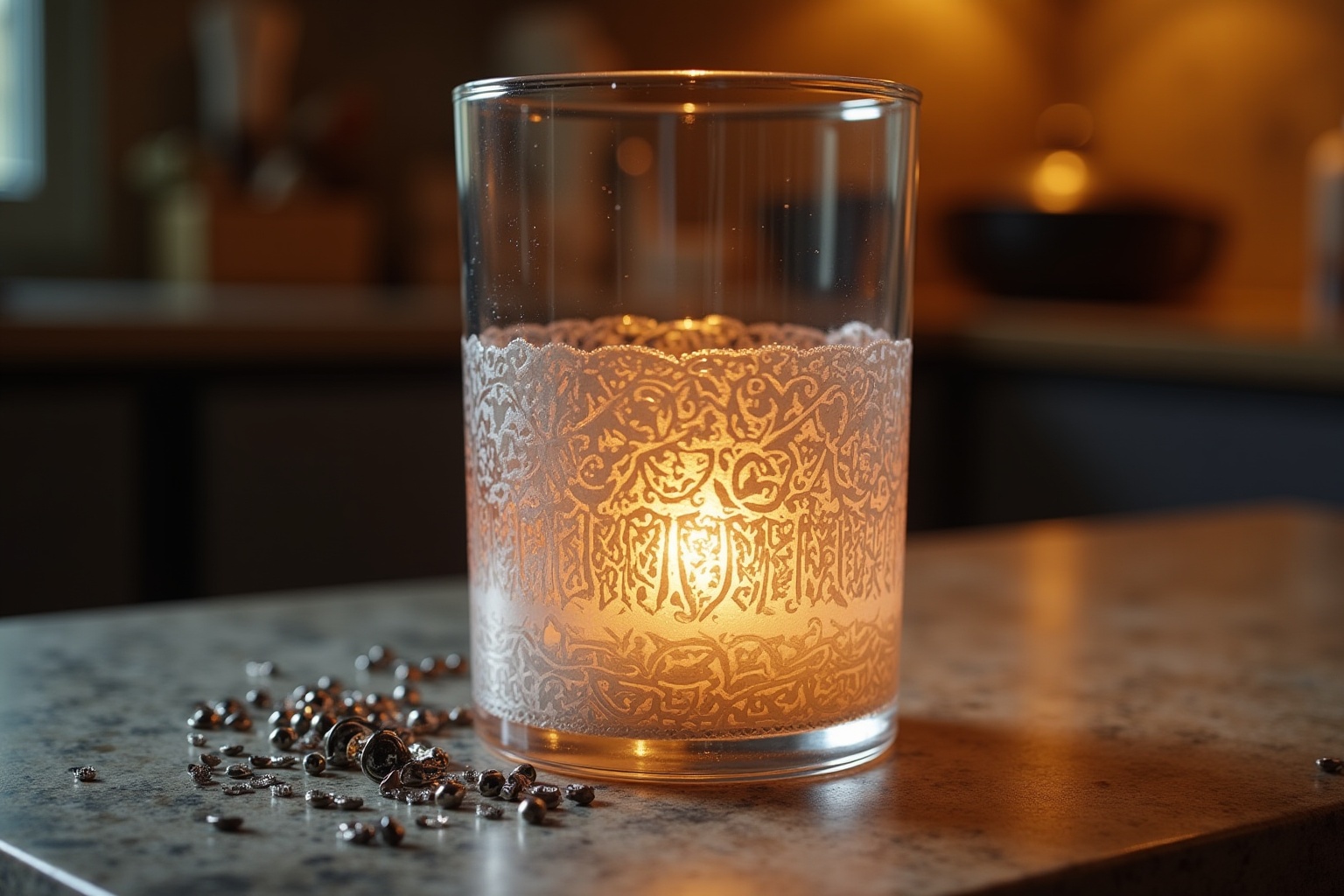 Verre décoré de motifs dorés avec grains de café éparpillés.