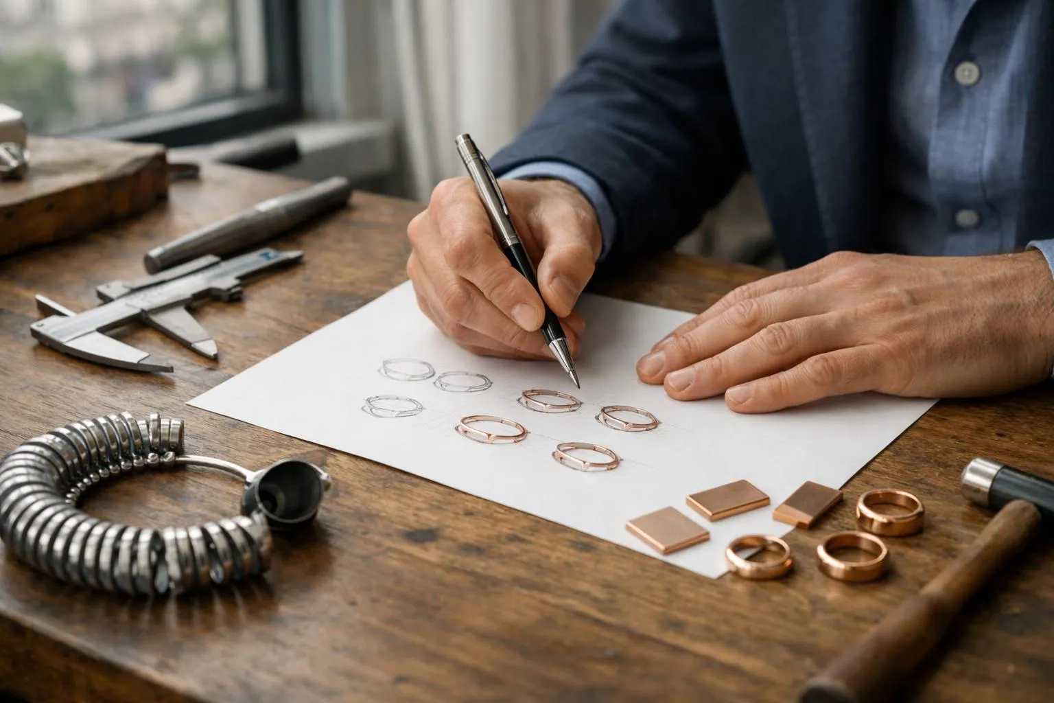 Conception de bijoux, croquis, outils et accessoires sur un bureau en bois.