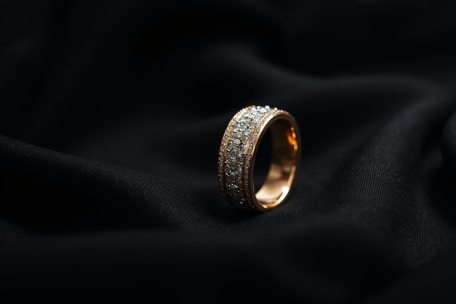 Bague en or ornée de diamants sur fond noir.