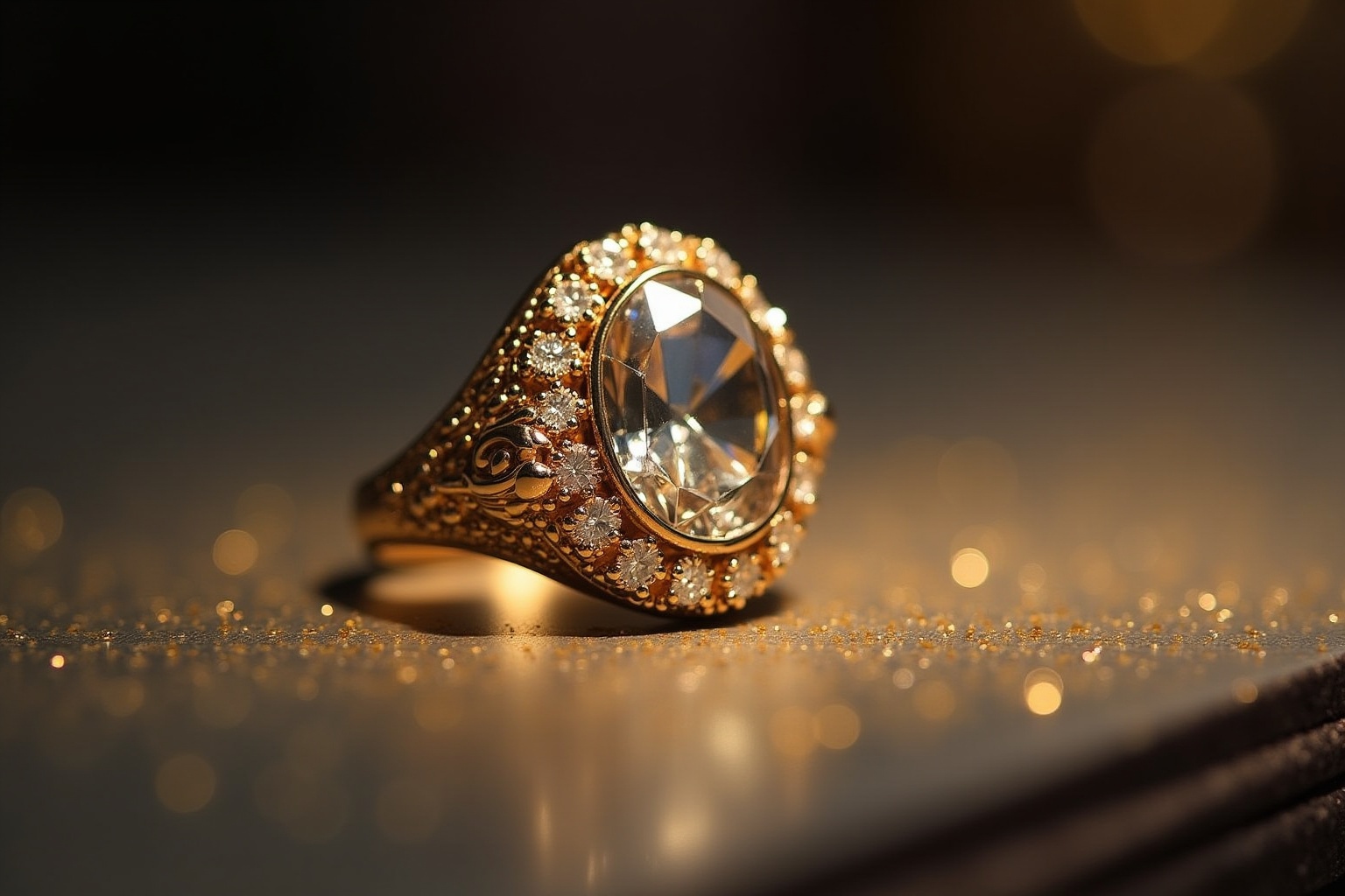 Bague en or ornée de diamants et d'un cristal étincelant.