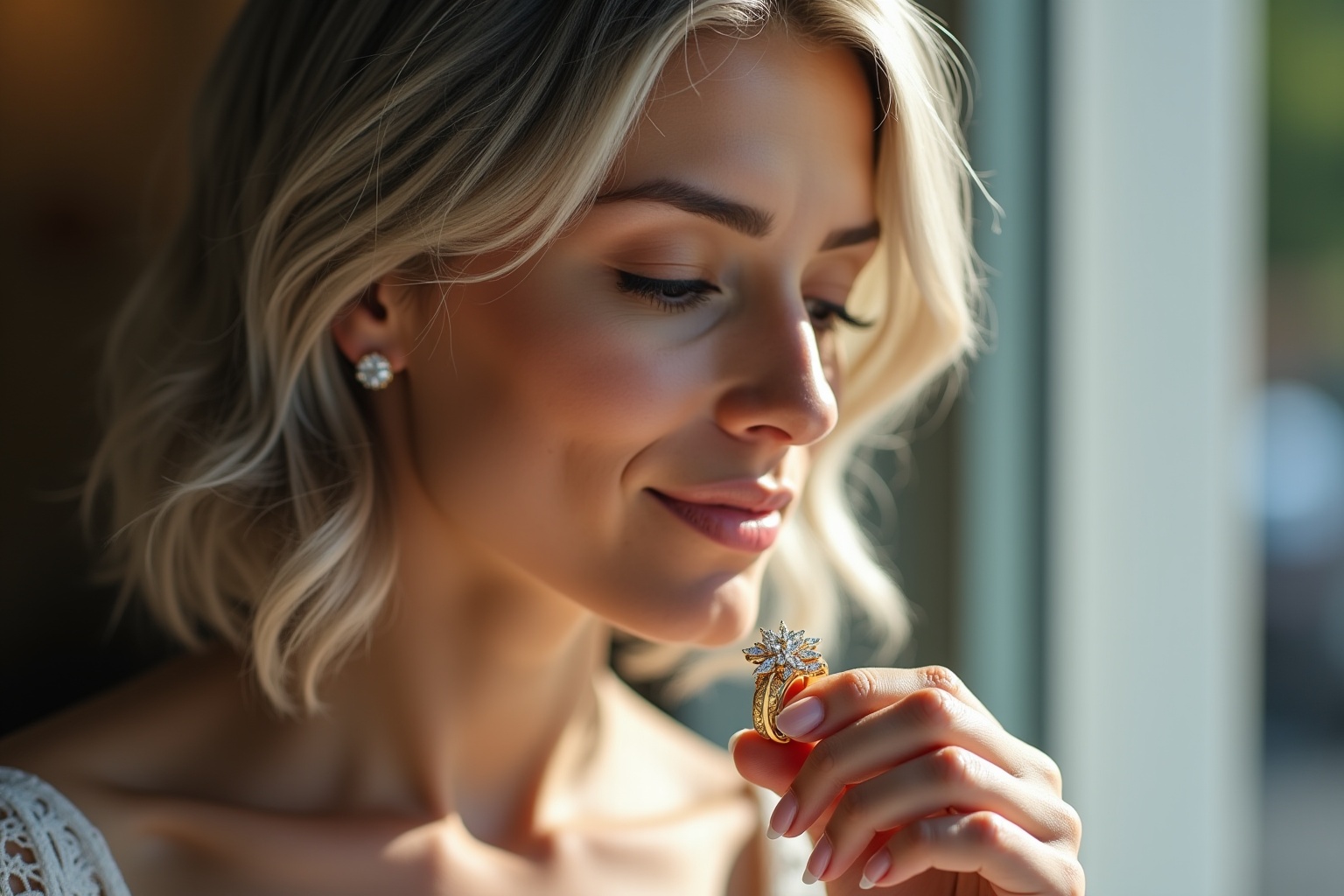 Femme élégante admire bijou or anniversaire mariage avec pierres précieuses en boutique.