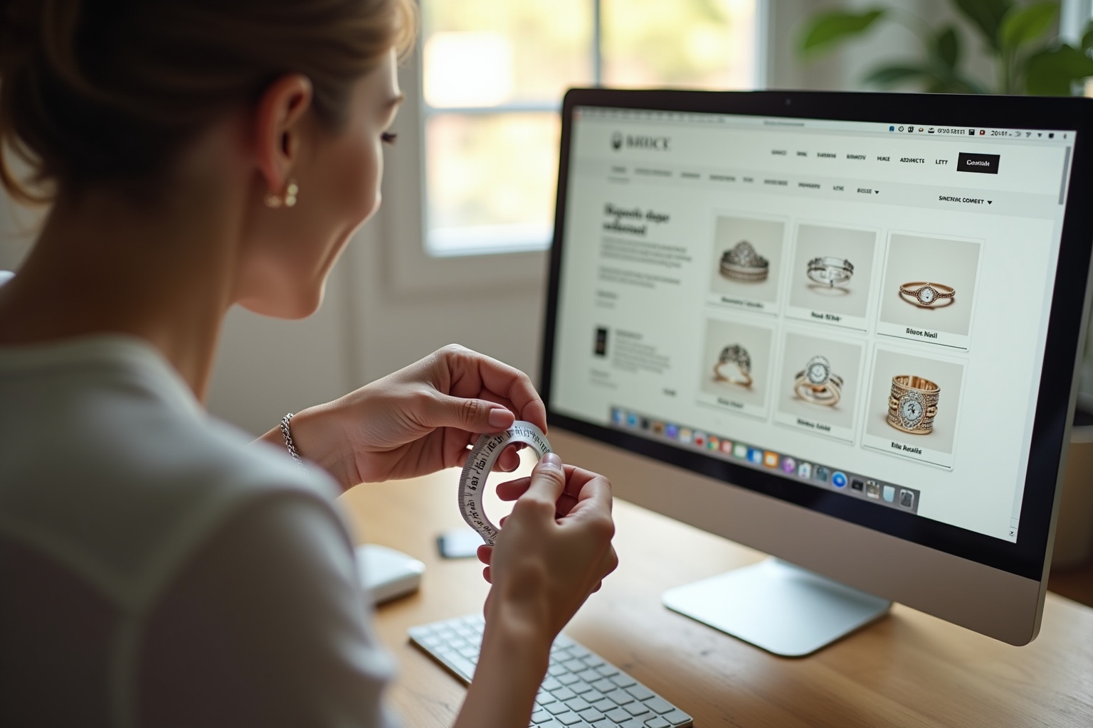"Choisir taille bague en ligne : femme mesure doigt avec ruban pour achat en ligne"