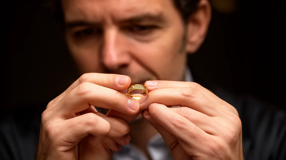 "Bijoutier parisien avec bague en or gravée, détails fins, studio élégant"