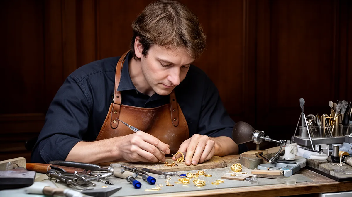 "Un artisan joaillier parisien travaillant sur une création en or dans son atelier"