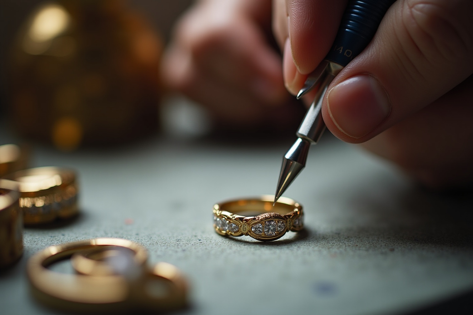 Bague en or ornée de diamants, en cours de réparation.