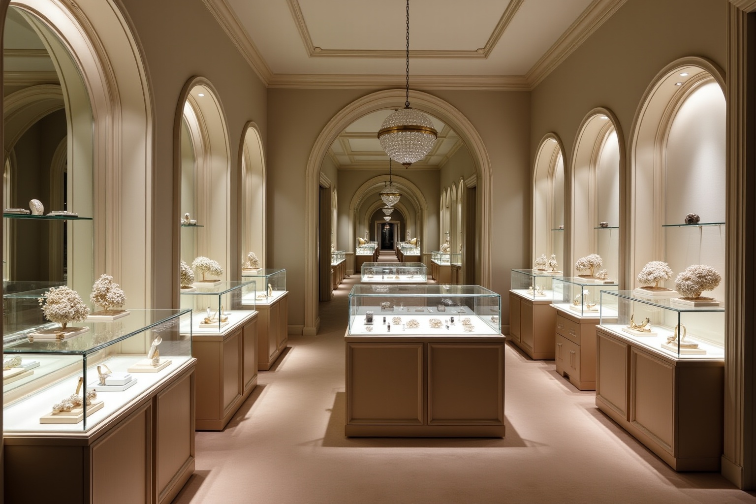 Élégant couloir de musée avec vitrines d'exposition de bijoux.