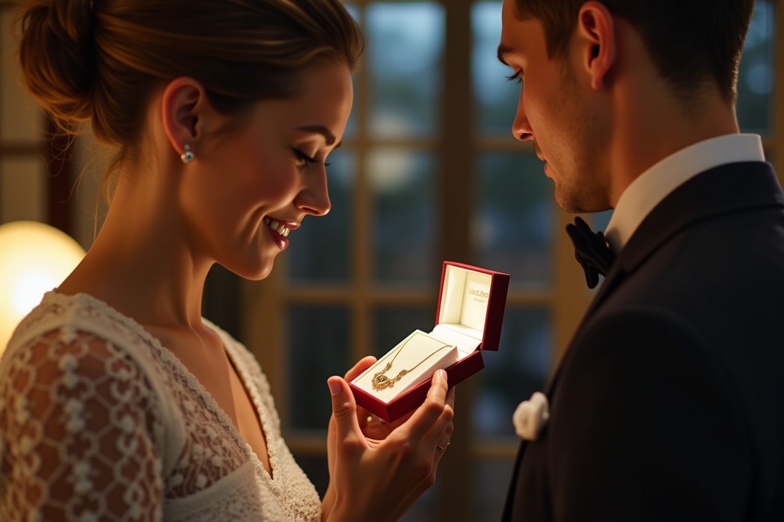 Couple élégant, fiançailles, bague de mariage, sourire heureux, moment intime.