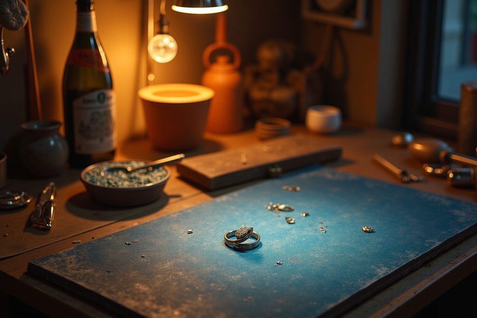 Bague de fiançailles sur un plan de travail encombré.
