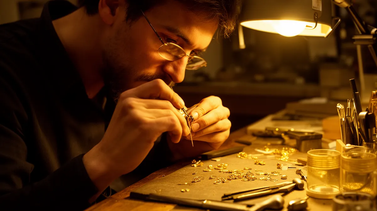 Homme concentré travaillant sur des bijoux en or dans un atelier.