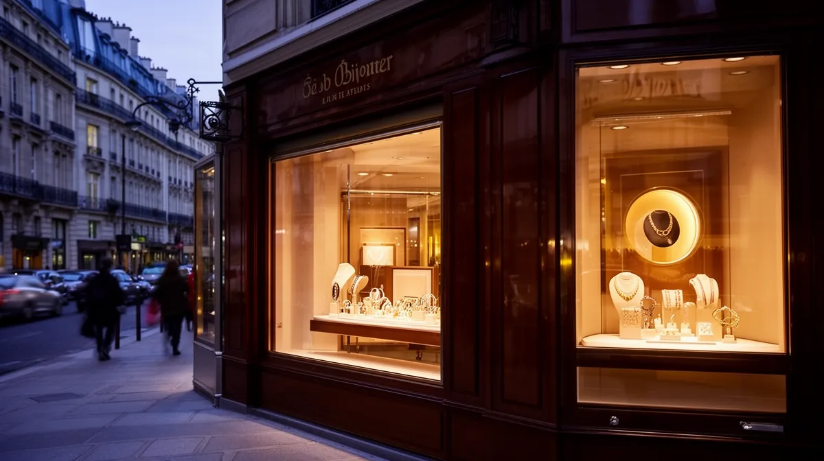 Vitrine d'une bijouterie parisienne illuminée la nuit.