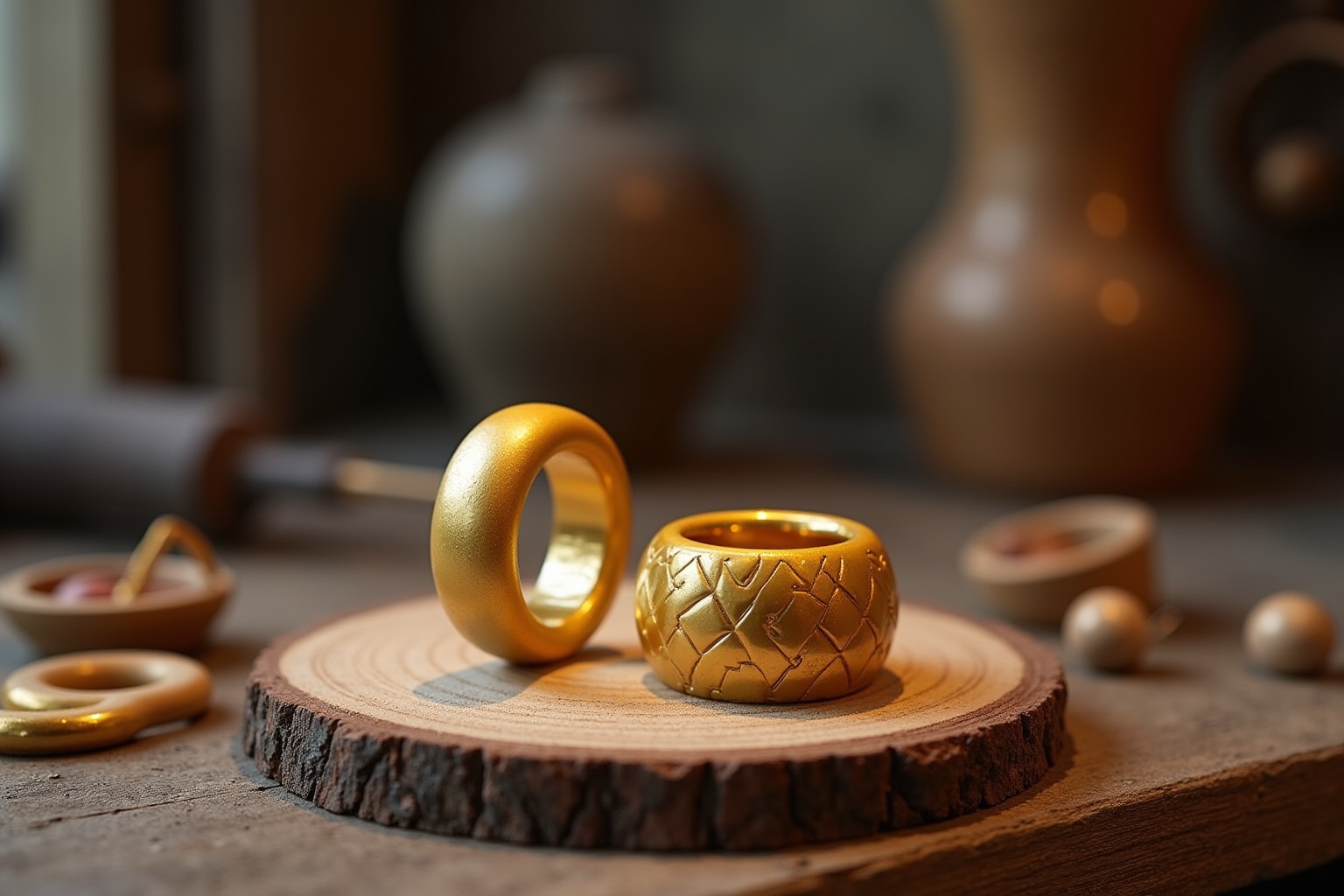 Bague et vase dorés sur un support en bois.