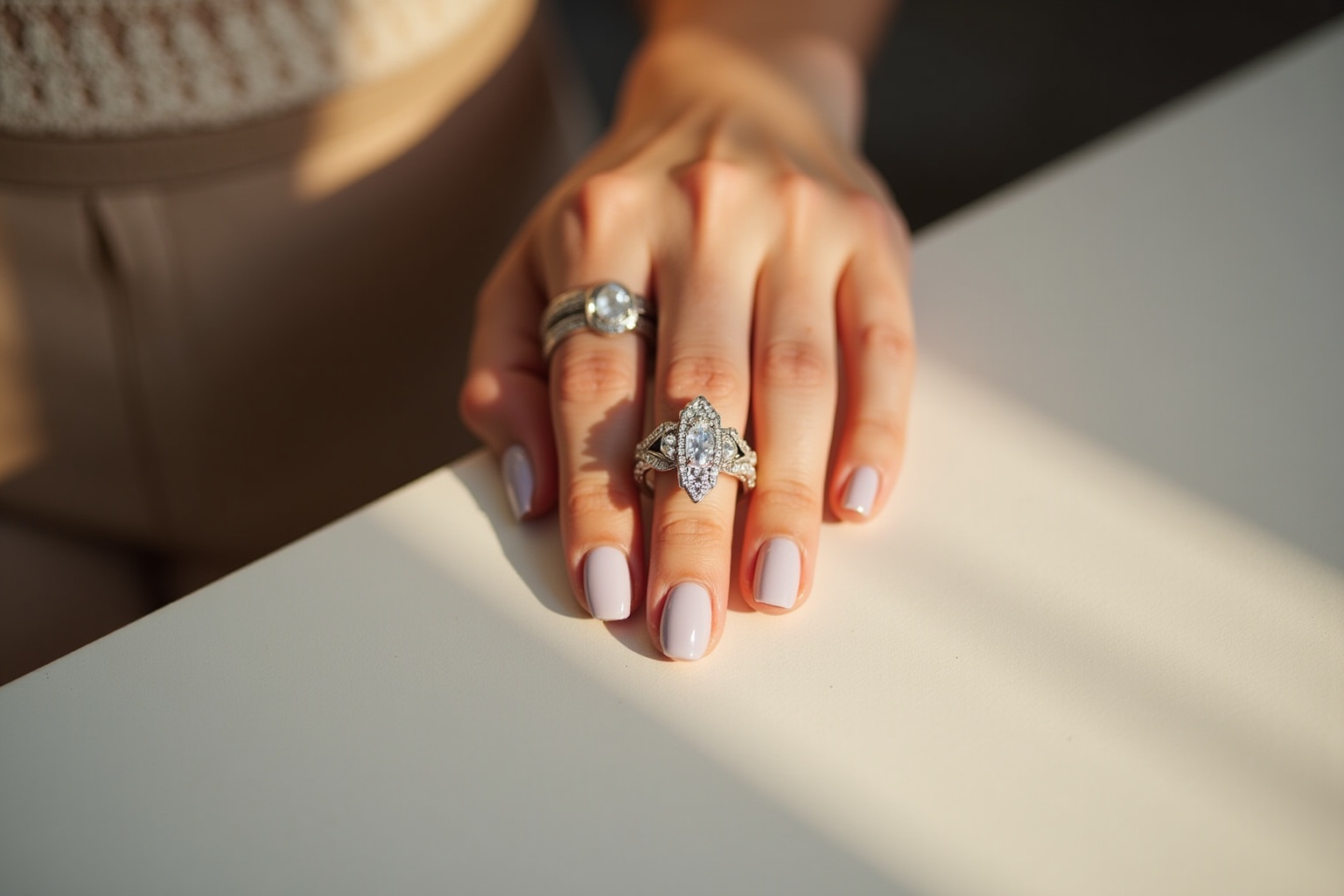 Mains féminines avec bague de fiançailles en diamant.