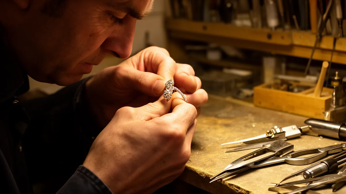 Artisan joaillier examinant attentivement une bague ornée de diamants.