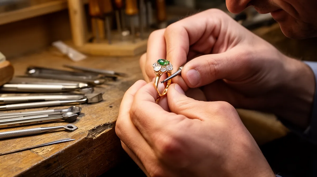 Mains d'un bijoutier réparant une bague ornée d'émeraudes et de diamants.