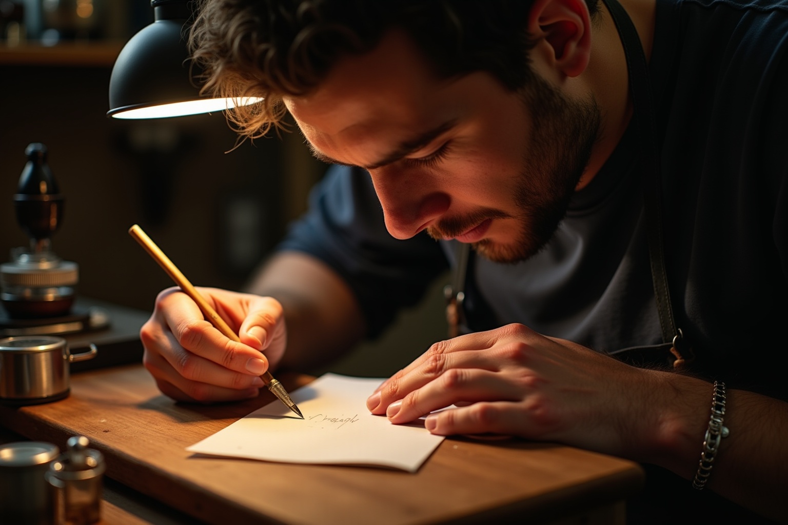 Homme barbu concentré sur l'écriture à la main sur un papier.