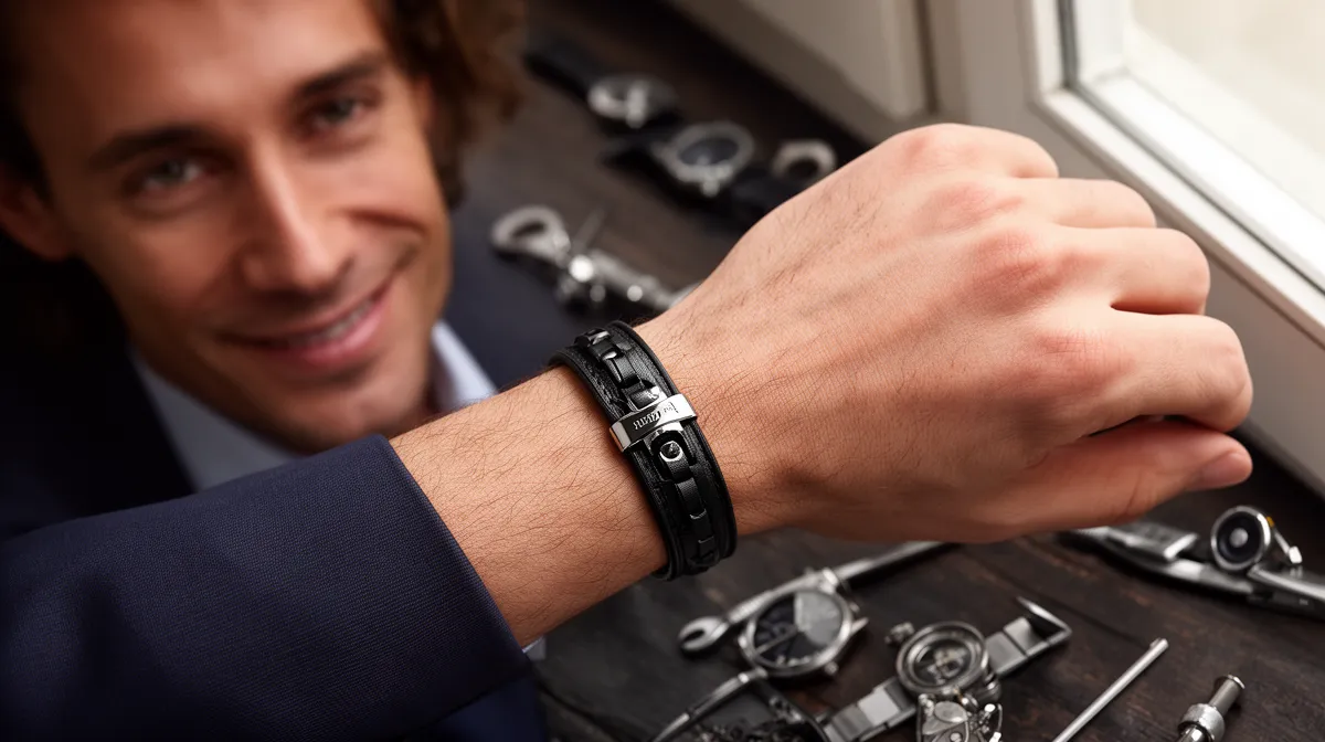 "Bracelet gourmette homme personnalisé en cuir noir, détail élégant sur fond en bois"