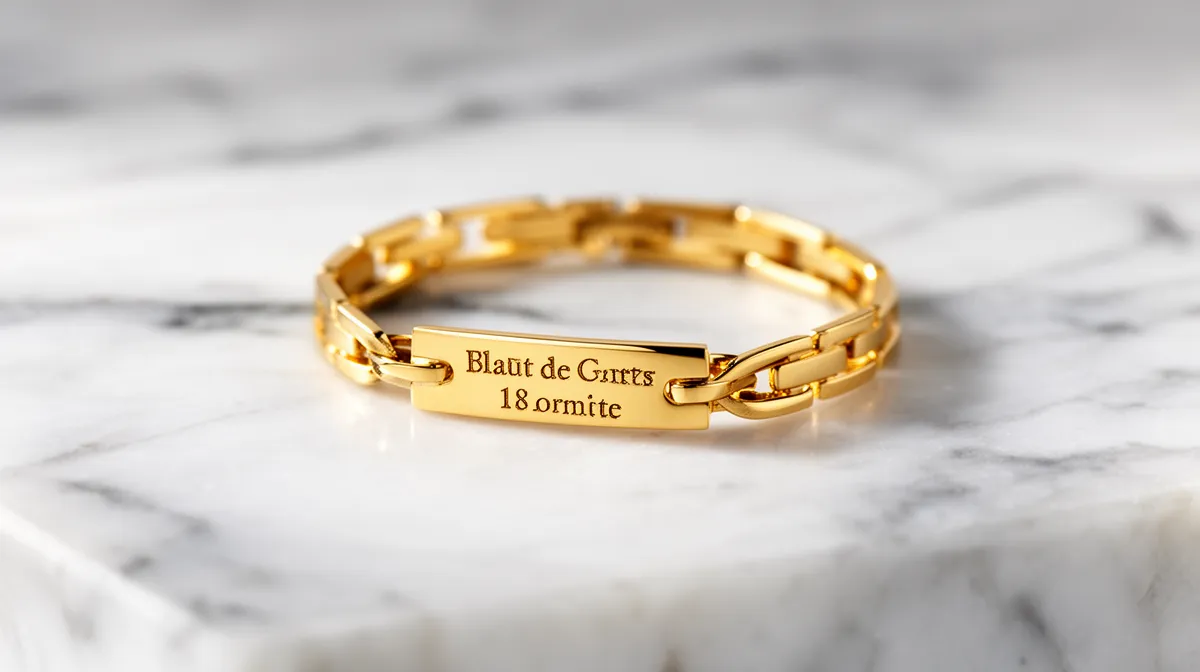 Bracelet doré avec plaque gravée "Blaut de Gurts 18 ormite".