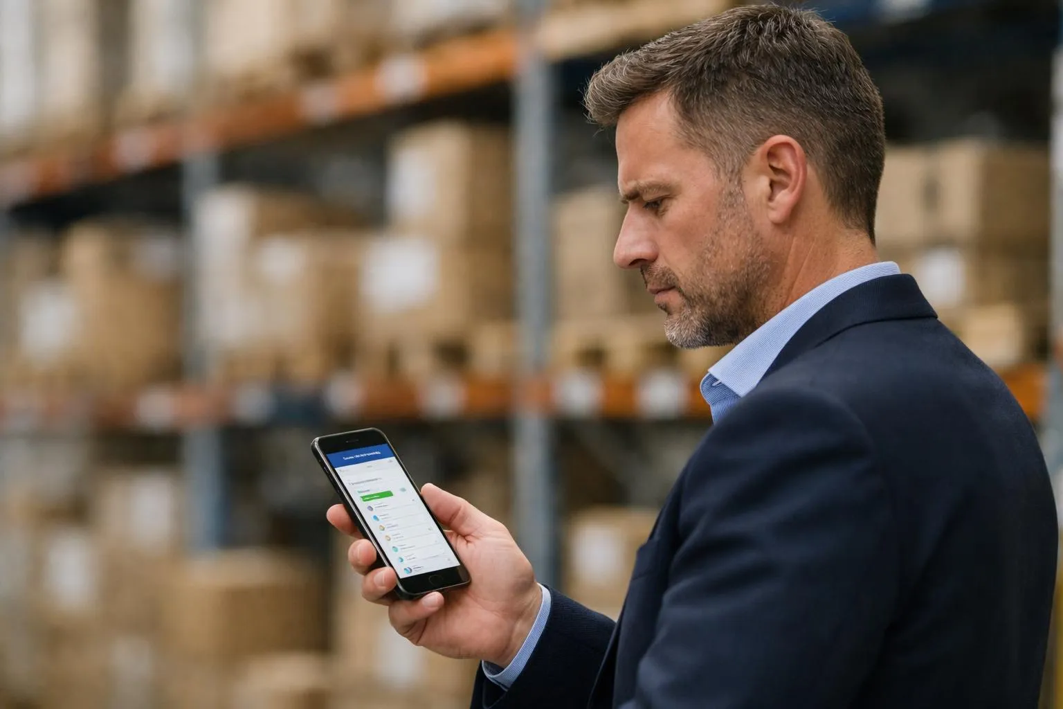 "Un homme gère une commande Vangelder sur son smartphone dans un entrepôt"