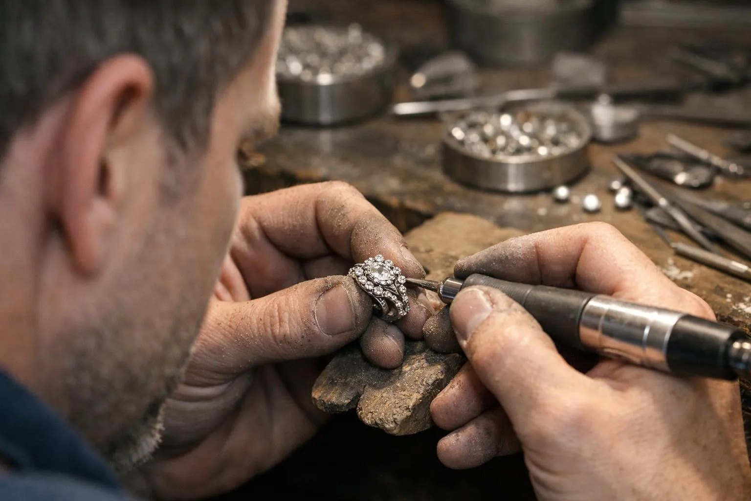 "Bijoutier artisan au travail, détail de création de joaillerie"