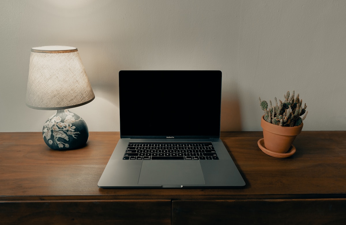 Ordinateur portable, lampe de table, plante en pot sur un bureau en bois.