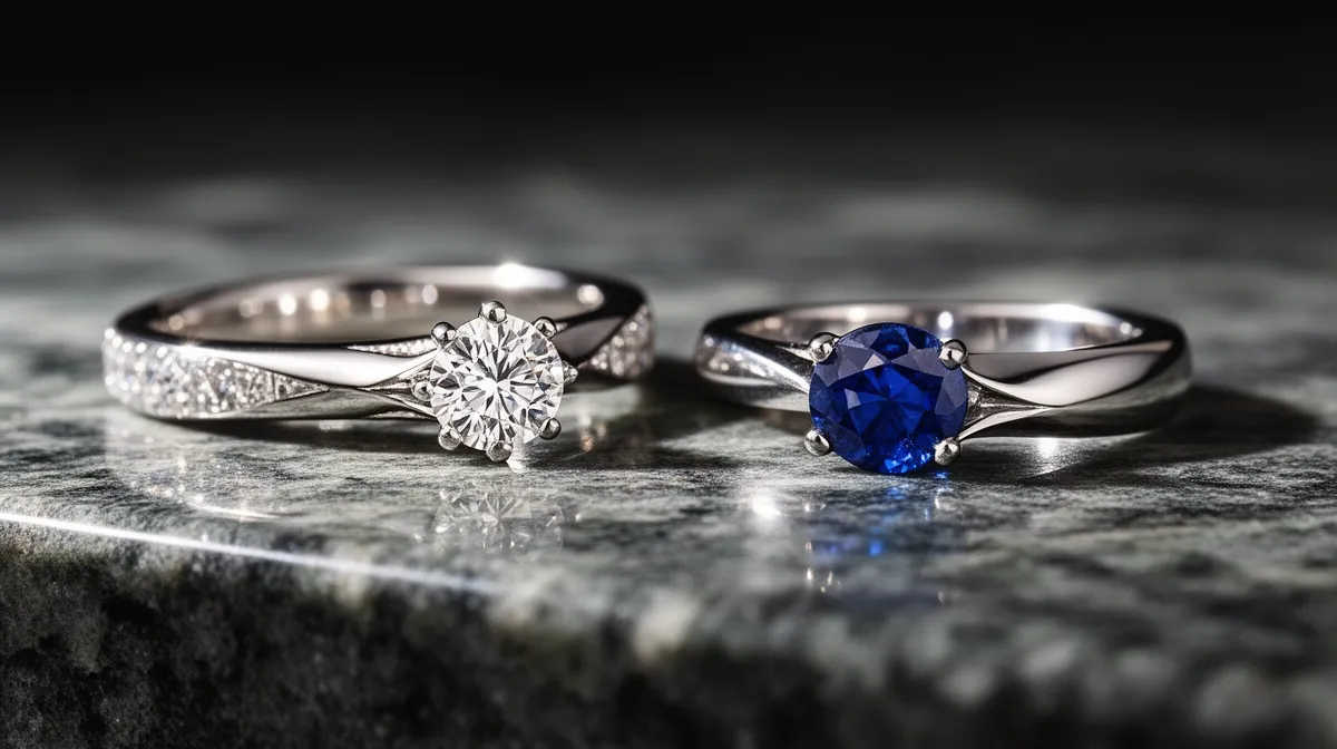 Bagues de fiançailles en or blanc avec diamant et saphir.