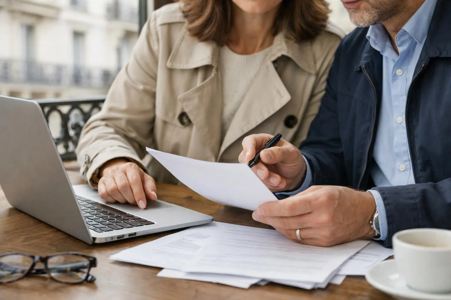 Couple d'affaires examinant des documents sur un ordinateur portable.