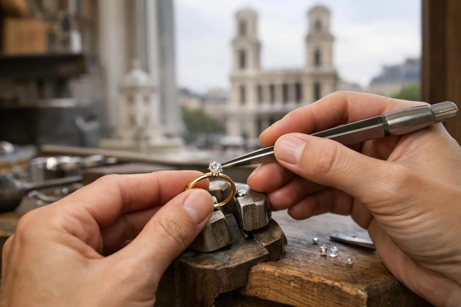 Mains travaillant sur un anneau de fiançailles dans un cadre architectural historique.