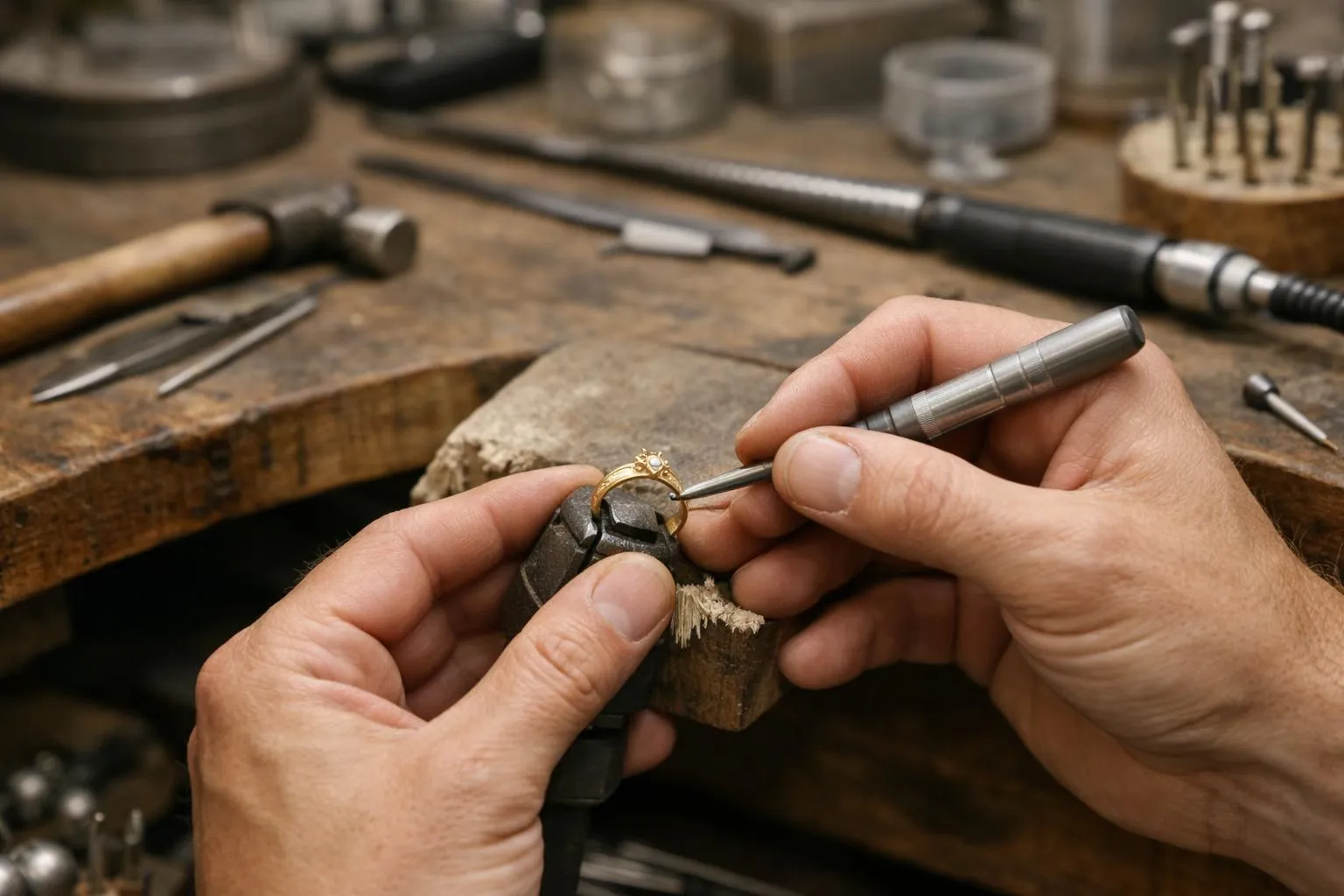 Bijoutier travaillant sur une bague en or sur un établi encombré.